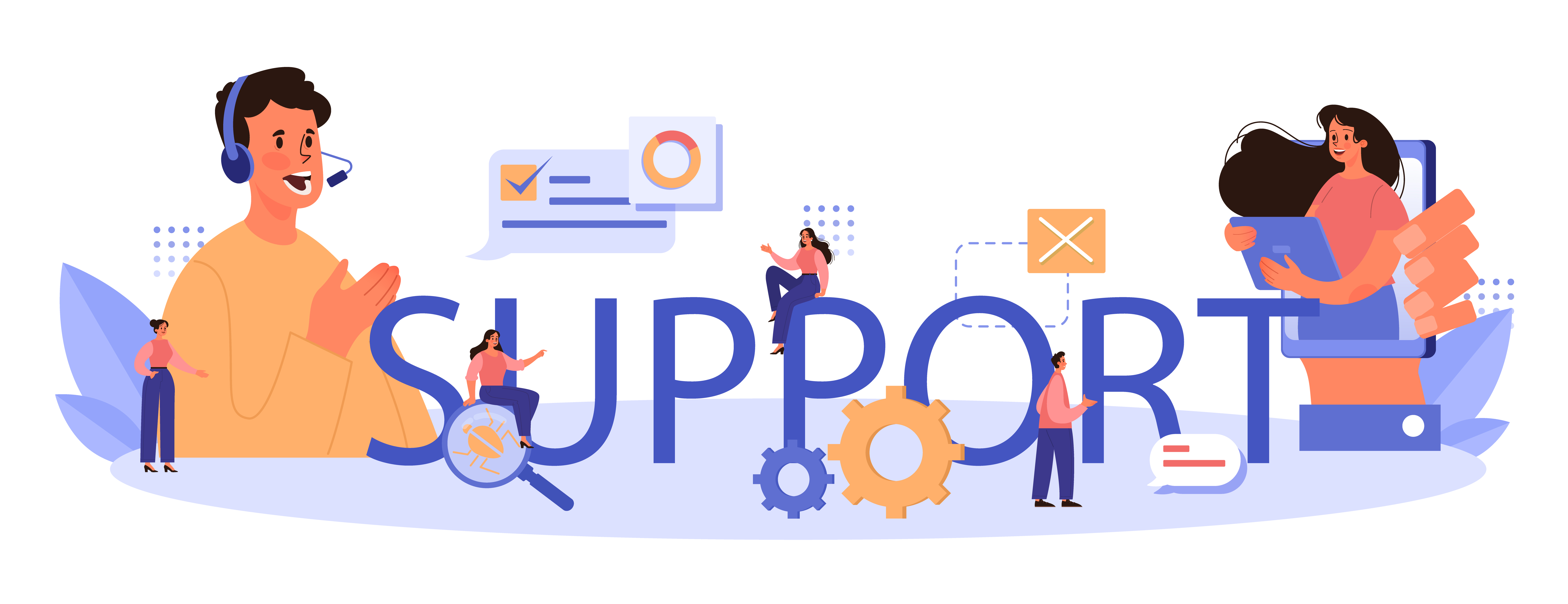 Support typographic header. Idea of web page diagnostic service. Providing web site with updated technical information. Flat vector illustration